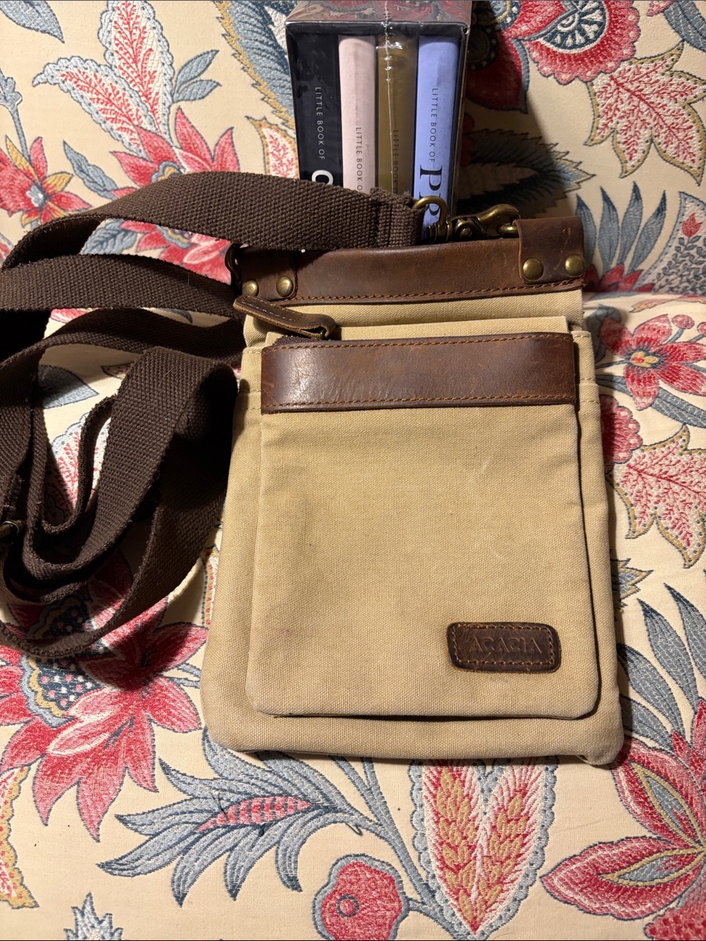 Acacia Swimwear Men's Vintage Canvas Crossbody Bag in Tan w/Brown Trim $65 MSRP